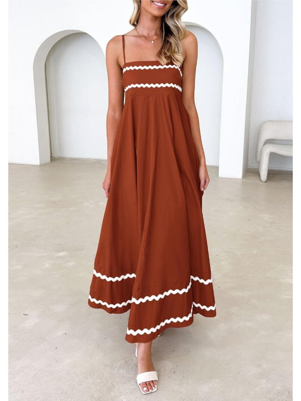 Women's Brown White Sleeveless Square Neck High Waist Pocket Maxi Dress - Picture 5 of 6